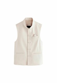 Gilet sans manches beige clair avec un col mandarin, fermeture à boutons sur le devant et deux poches latérales. Comprend un mouchoir de poche décoratif.
