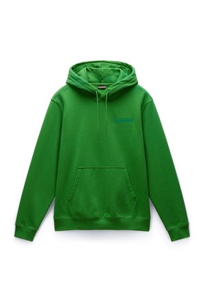 Grüne Kapuzenjacke aus weichem Stoff. Verfügt über eine Vordertasche, einen Kordelzug und ein blaues, gesticktes Logo auf der Brust.