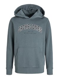 Hanorac gri cu buzunar frontal și glugă cu șnur. Prezintă sigla "JACK&JONES" în text alb îndrăzneț deasupra inscripției "EST. 90 WORLDWIDE." Textură moale a materialului.