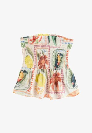 Top senza spalline arricciato con una fantasia tropicale multicolore caratterizzata da motivi di frutta e piante; tessuto leggero con orlo svasato.