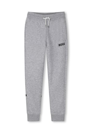 Pantalon de survêtement gris clair avec ceinture élastique, cordon blanc, chevilles resserrées, poches latérales et le mot "BOSS" imprimé sur la partie supérieure de la jambe.