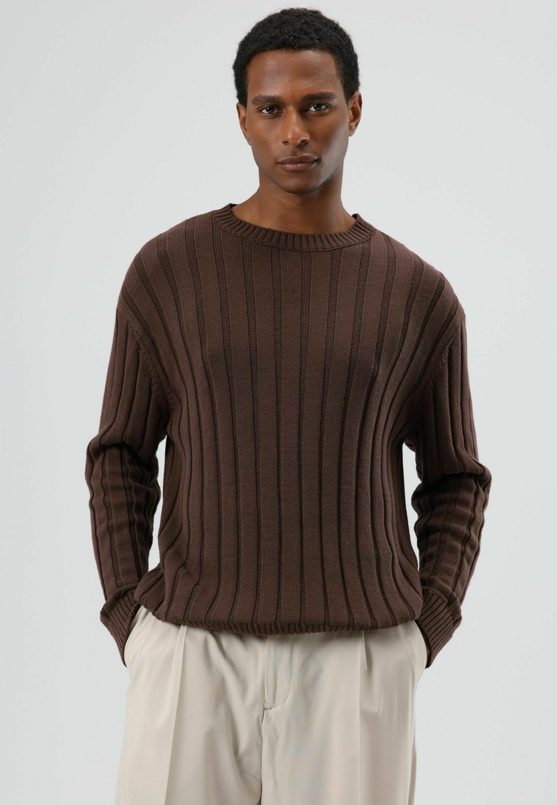 Bruine geribbelde gebreide trui met een ronde halslijn en lange mouwen, met verticale strepen en een losse pasvorm.
