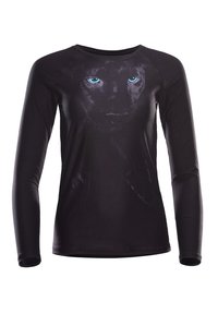 Schwarzes Langarmshirt mit einem großen Grafikdesign eines Panthergesichts und auffälligen blauen Augen. Aus glattem Material mit taillierter Passform.
