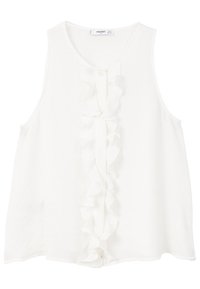 Blusa blanca sin mangas con una tela texturizada, que presenta un detalle de volante en el frente y una silueta ligeramente suelta.