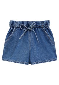 Shorts de mezclilla con cintura elástica y cordón. Presenta dos bolsillos laterales y un diseño de corte recto en un tono azul medio.