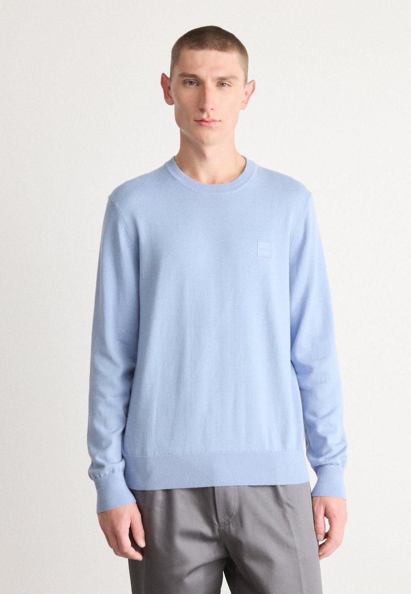 Hellblauer Pullover aus einem weichen Material, mit Rundhalsausschnitt und langen Ärmeln. Dezentes Logo-Patch auf der linken Brust. Glatte Textur, einfaches Design.