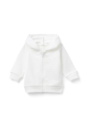 Sweat à capuche blanc pour bébé avec manches longues, fermeture éclair à l'avant, poignets et taille côtelés, présenté à plat sur un fond blanc.