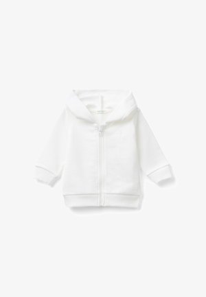 Sweat à capuche blanc pour bébé avec manches longues, fermeture éclair à l'avant, poignets et taille côtelés, présenté à plat sur un fond blanc.