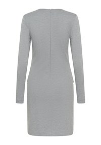 Grey long-sleeve dress made of soft fabric, featuring a straight silhouette, back zip closure, and minimal seam detailing.
