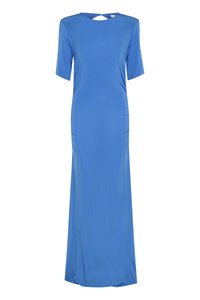 Blue maxi dress made of smooth fabric, featuring a round neckline, short sleeves, and a cutout detail at the back. Slim fit design.