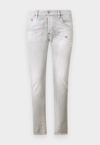 Light grey denim jeans featuring distressed details, a straight leg design, and a classic five-pocket style with a branded patch on the waistband.