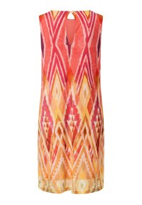 Robe sans manches avec un motif géométrique coloré dans des tons de rose, orange et jaune. Dos en forme de trou de serrure avec une fermeture à bouton. Tissu léger.