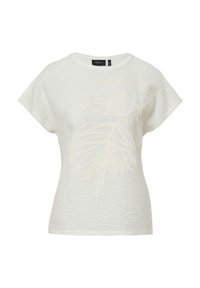 T-shirt blanc à manches courtes en tissu texturé, avec un motif de feuille brodé beige clair sur le devant. Encolure ronde.