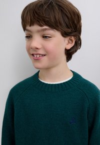 Suéter verde de punto con cuello acanalado y mangas raglán. Presenta un pequeño logo de calavera azul marino en el pecho. Textura suave, ajuste informal.