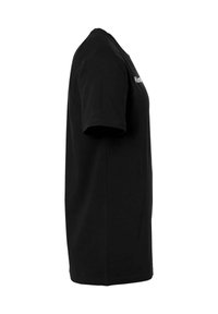 Zwarte katoenen T-shirt met korte mouwen, ronde halslijn en rechte snit. Bevat een wit tekstlogo op de voorkant.