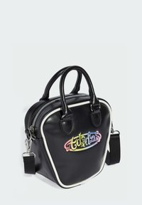 Black faux leather bag with rounded top, white piping, dual handles, and a colorful "Adidas" logo on the front. Includes a detachable strap.