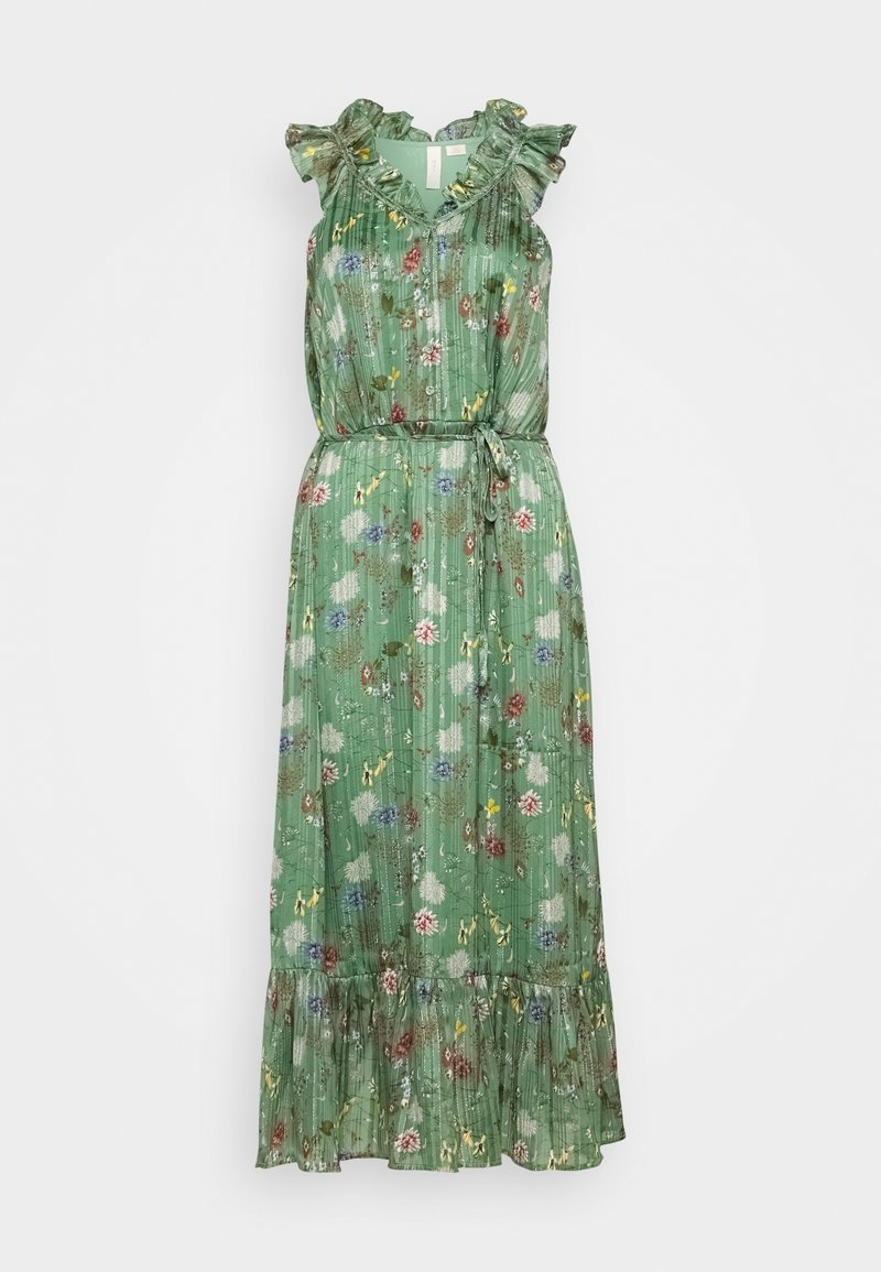 Robe à imprimé floral vert avec un décolleté à volants, sans manches, taille cintrée et ourlet de bas en étages. Confectionnée en tissu léger.
