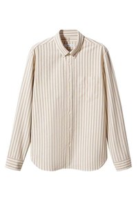 Camisa de manga larga a rayas en beige y crema con botón en la parte delantera, cuello, bolsillo en el pecho y dobladillo curvado. Fabricada en tejido ligero.