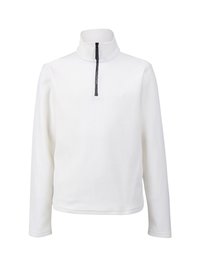 Pullover in pile bianco a maniche lunghe con colletto alto e mezza zip nera caratterizzato da un sottile dettaglio testuale.