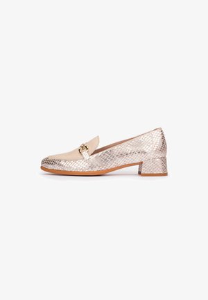 Low block heel loafer in beige and metallic snake print with gold buckle detail, side profile on white background.