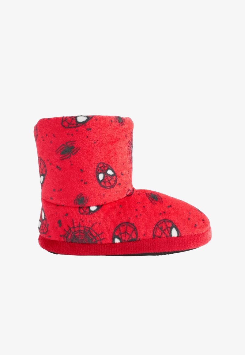 Chausson bottine rouge doux pour enfants avec motifs d'araignée noire et visage de Spider-Man, semelle plate.