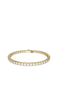 Pulseira em tom de ouro com pedras claras de corte redondo, dispostas em estilo de garra, com um design flexível e fecho seguro.