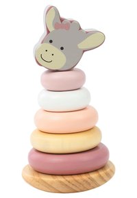 Wooden stacking toy with five smooth, pastel-colored rings; topped by a gray donkey head with a bow. Round wood base.