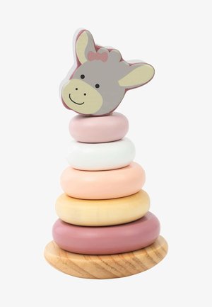 Wooden stacking toy with five smooth, pastel-colored rings; topped by a gray donkey head with a bow. Round wood base.