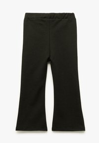 Sorte, flagrende leggings lavet af blødt, strækbart stof med elastisk talje, der har en glat overflade og uden synlige mønstre eller dekorationer.
