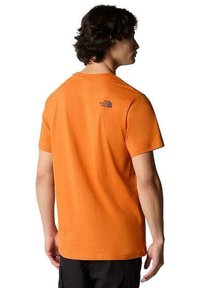 Camiseta de manga corta, de color naranja, hecha de algodón. Presenta un pequeño logo gris en la parte superior de la espalda. Diseño sencillo, corte regular.
