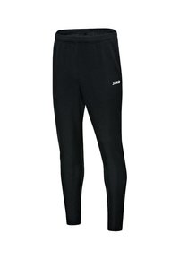 Schwarze Sporthosen mit schmaler Passform, elastischem Bund und weißem "JAKO"-Logo auf der linken Seite. Hergestellt aus strapazierfähigem, leichtem Material.