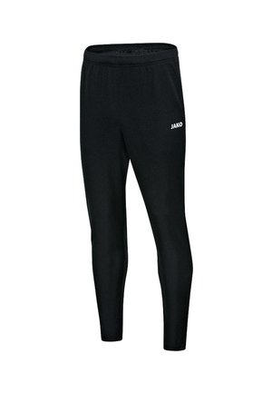 Zwarte sportbroek met een slim fit, elastische tailleband en een wit "JAKO" logo aan de linkerkant. Gemaakt van duurzaam, lichtgewicht materiaal.