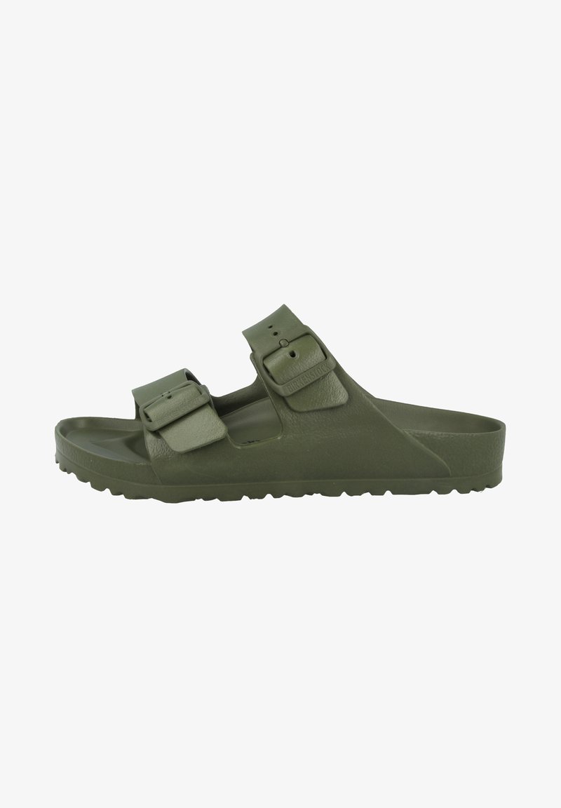 Olive green slide sandals made of textured synthetic material, featuring two adjustable buckles and a treaded sole for grip.