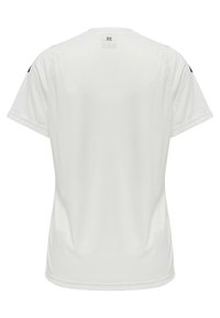 Maillot de sport blanc à manches courtes avec une texture lisse, présentant un col rond et des accents noirs contrastants sur les épaules.
