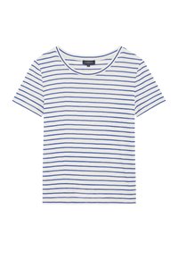 Witte T-shirt met korte mouwen, voorzien van blauwe horizontale strepen, ronde hals en een zachte textuur. Merkenlabel zichtbaar aan de binnenkant van de hals.