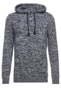Felpa con cappuccio a maglia grigio melange e blu navy, dotata di coulisse, placket con tre bottoni e maniche lunghe. Texture morbida con polsini e orlo a coste.