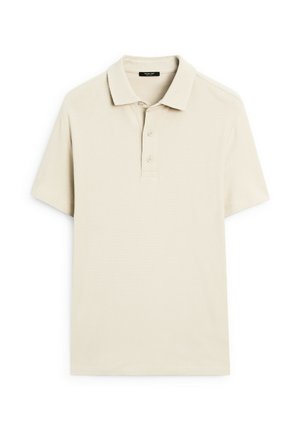 Beige poloshirt gemaakt van lichtgewicht stof, met een klassieke kraag, een drie-knops verstelbare sluiting en korte mouwen. Glad oppervlak gedurende het hele shirt.