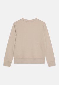 Felpa beige, girocollo, in tessuto misto cotone, con polsini e orlo a coste, di colore uniforme senza motivi o grafiche. Vista posteriore mostrata.
