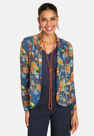 Blazer mit Blumenmuster in Blau, verziert mit Akzenten in Orange, Grün und Weiß. Leichter Stoff mit weicher Textur, offenes Frontdesign.