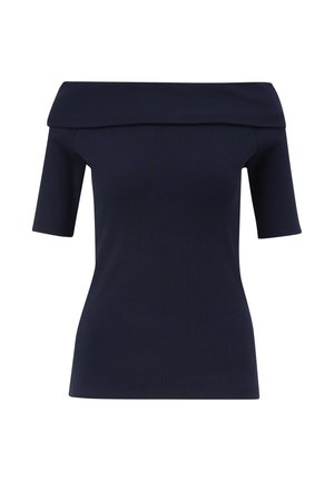 Top bleu marine à épaules dénudées avec une texture côtelée, des manches courtes et un large col. Silhouette ajustée, près du corps.