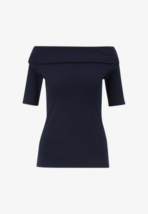 Marineblaues Off-Shoulder-Top mit gerippter Textur, kurzen Ärmeln und einem breiten Kragendesign. Figurbetonte, taillierte Silhouette.