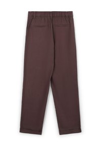 Pantaloni marroni scuri a gamba dritta con vita elastica. Presentano due tasche posteriori e orli a soffietto; realizzati in un tessuto morbido e leggero.