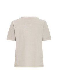 T-shirt en coton gris clair avec col rond, manches courtes et texture lisse. Présente un design simple et épuré avec un ourlet droit.