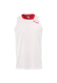 Maglietta sportiva senza maniche bianca in rete con colletto rosso e logo. Presenta un design traspirante con piccole perforazioni in tutto il tessuto.