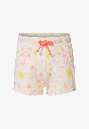 Pantalones cortos rosa y blanco con un patrón floral y de rayos de sol, con un dobladillo festoneado y un cordón trenzado de color coral en la cintura.