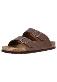 Sandales glissantes en cuir marron avec deux sangles à boucles réglables, une semelle en liège et une semelle en caoutchouc texturé.