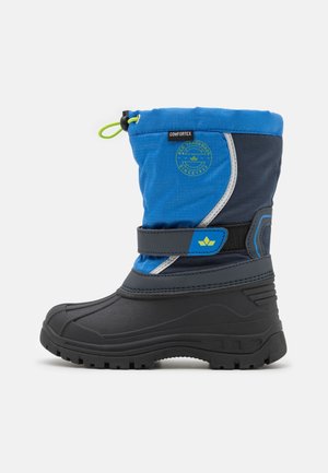 Botte de neige isolante bleue et noire avec une tige imperméable, une semelle en caoutchouc, un col ajustable et une sangle à scratch pour un ajustement sûr.