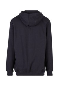Sudadera negra de manga larga mostrada desde atrás, con capucha y puños y bajo acanalados.