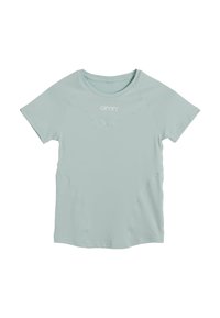Ljust blå kortärmad t-shirt i mjukt tyg. Har en rund halsringning och dekorativ sömnad på sidorna med en logotyp framtill.