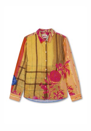 Overhemd met lange mouwen en knopen, gemaakt van stof met een gele basis en een bloemmotief in roze, rood en blauw, gecombineerd met rasterpatronen.